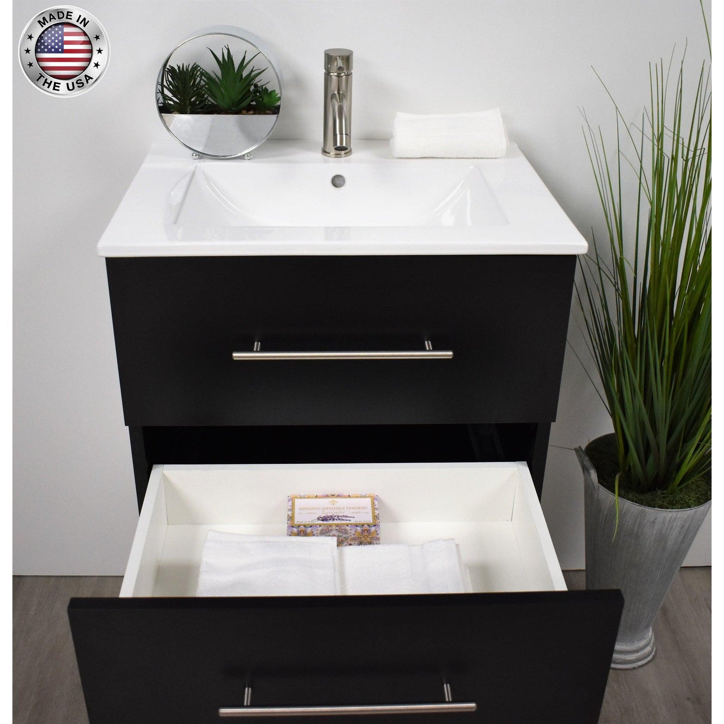 Volpa USA Napa 30" Black Wall-Mounted Floating Modern Bathroom Vanity With Integrated Ceramic Top and Satin Nickel Round Handles