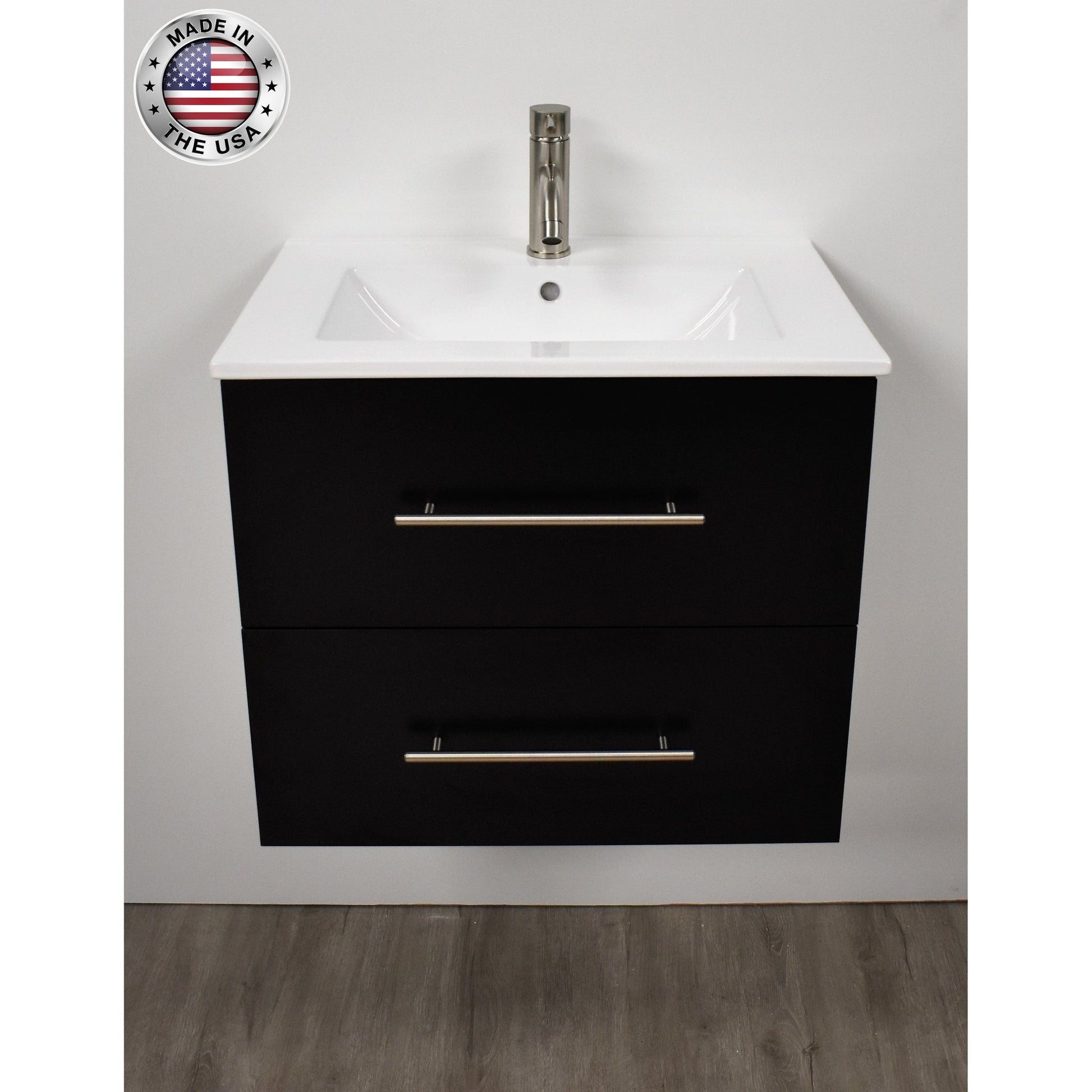 Volpa USA Napa 30" Black Wall-Mounted Floating Modern Bathroom Vanity With Integrated Ceramic Top and Satin Nickel Round Handles