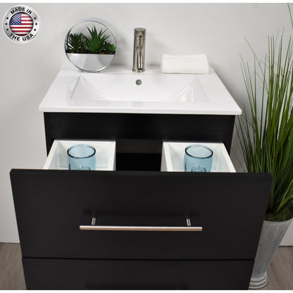 Volpa USA Napa 30" Black Wall-Mounted Floating Modern Bathroom Vanity With Integrated Ceramic Top and Satin Nickel Round Handles