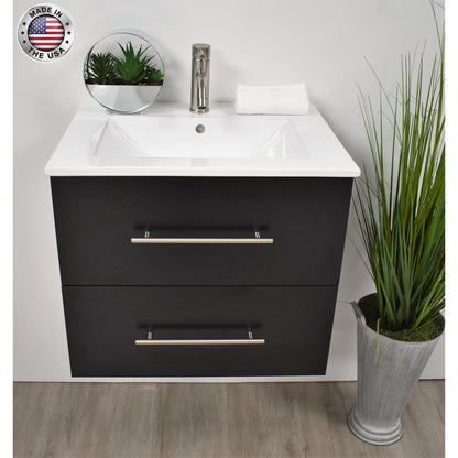 Volpa USA Napa 30" Black Wall-Mounted Floating Modern Bathroom Vanity With Integrated Ceramic Top and Satin Nickel Round Handles