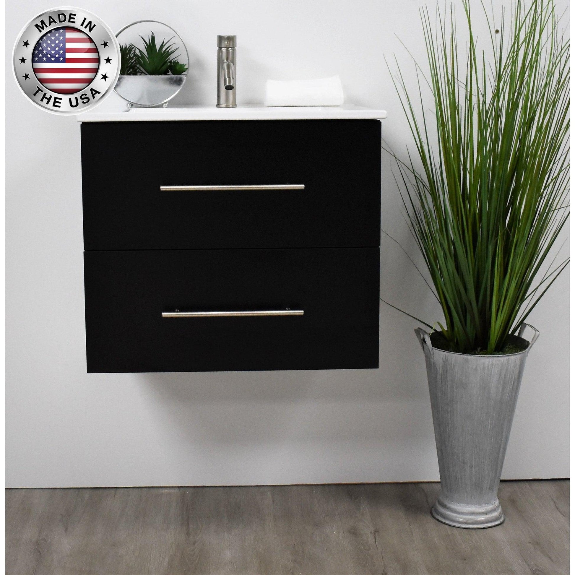 Volpa USA Napa 30" Black Wall-Mounted Floating Modern Bathroom Vanity With Integrated Ceramic Top and Satin Nickel Round Handles