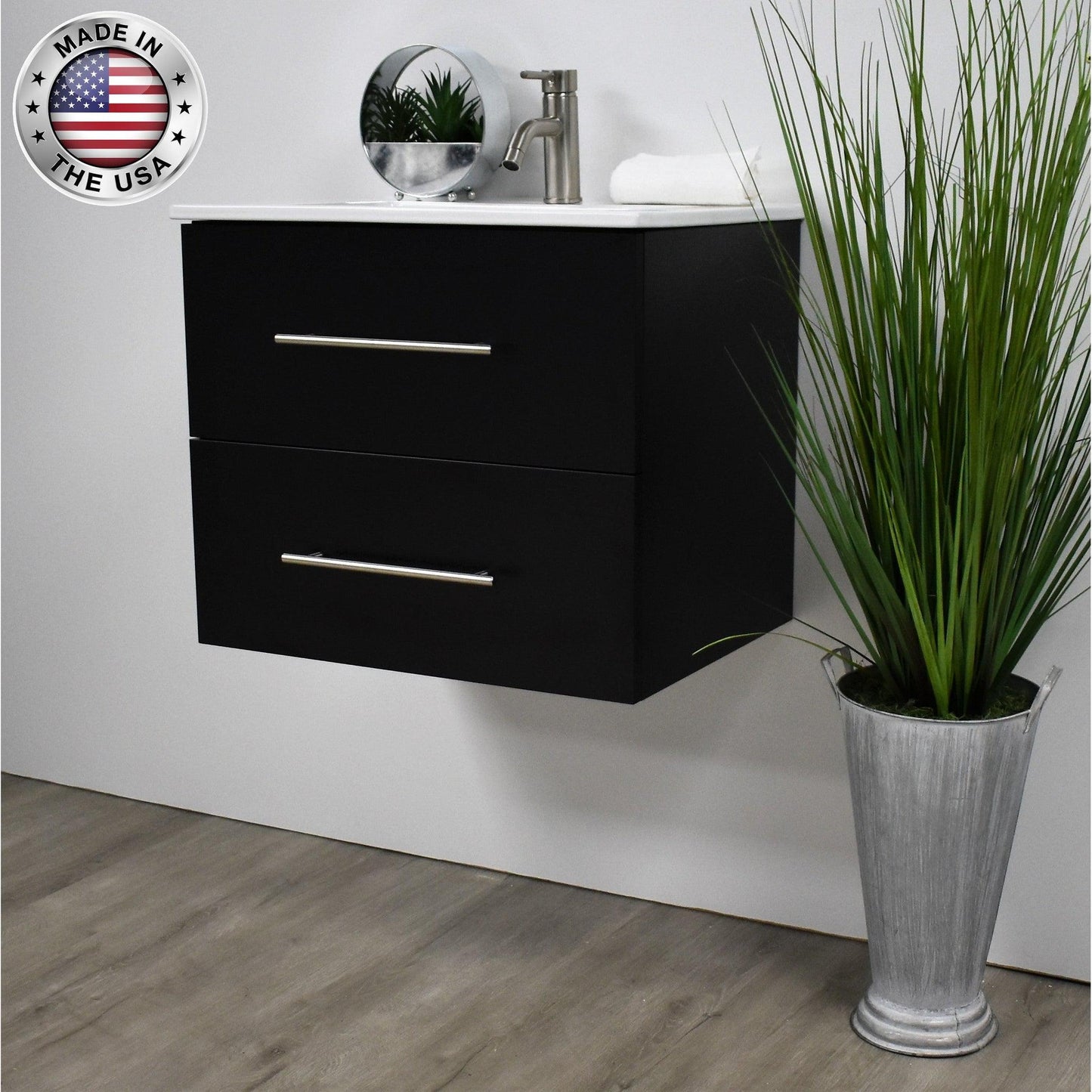 Volpa USA Napa 30" Black Wall-Mounted Floating Modern Bathroom Vanity With Integrated Ceramic Top and Satin Nickel Round Handles