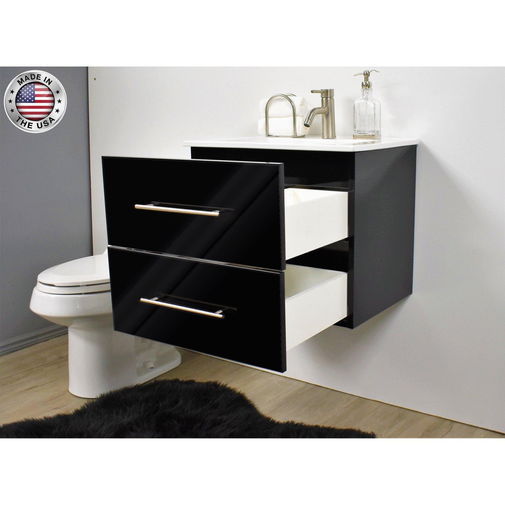Volpa USA Napa 30" Glossy Black Wall-Mounted Floating Modern Bathroom Vanity With Integrated Ceramic Top and Satin Nickel Round Handles