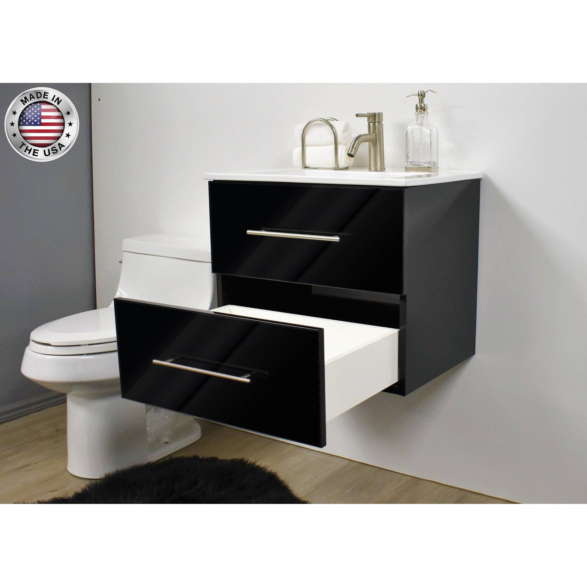 Volpa USA Napa 30" Glossy Black Wall-Mounted Floating Modern Bathroom Vanity With Integrated Ceramic Top and Satin Nickel Round Handles