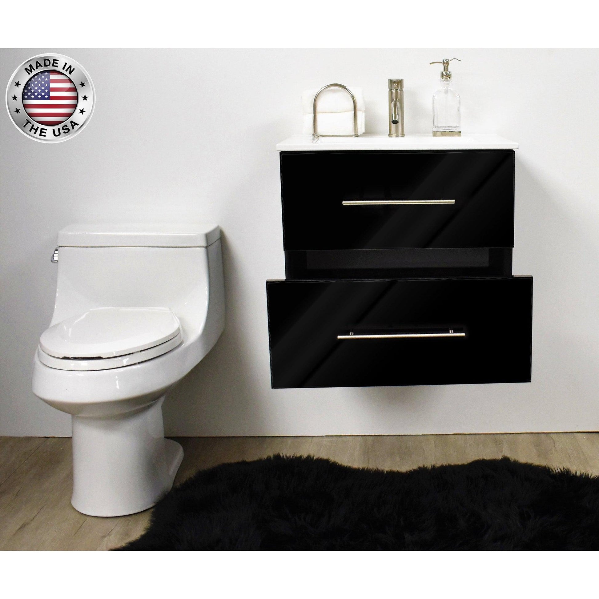 Volpa USA Napa 30" Glossy Black Wall-Mounted Floating Modern Bathroom Vanity With Integrated Ceramic Top and Satin Nickel Round Handles