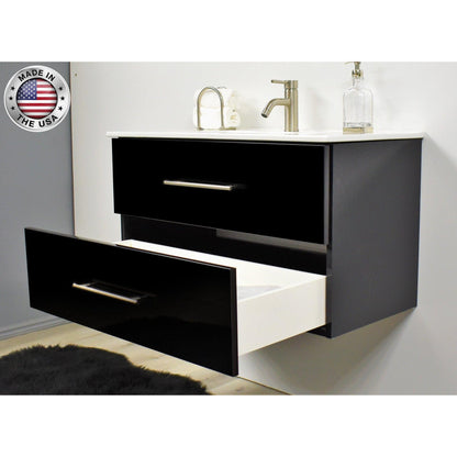 Volpa USA Napa 30" Glossy Black Wall-Mounted Floating Modern Bathroom Vanity With Integrated Ceramic Top and Satin Nickel Round Handles