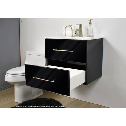 Volpa USA Napa 30" Glossy Black Wall-Mounted Floating Modern Bathroom Vanity With Integrated Ceramic Top and Satin Nickel Round Handles