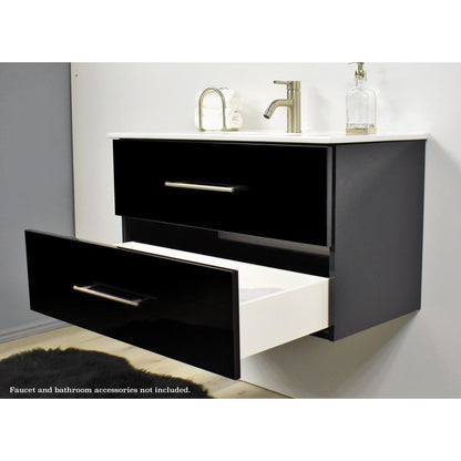 Volpa USA Napa 30" Glossy Black Wall-Mounted Floating Modern Bathroom Vanity With Integrated Ceramic Top and Satin Nickel Round Handles