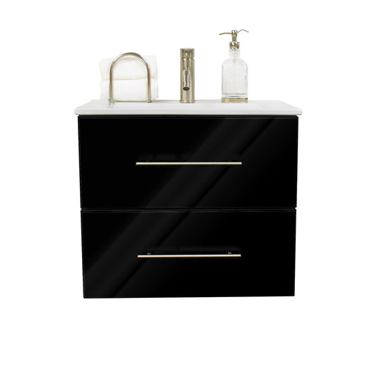 Volpa USA Napa 30" Glossy Black Wall-Mounted Floating Modern Bathroom Vanity With Integrated Ceramic Top and Satin Nickel Round Handles