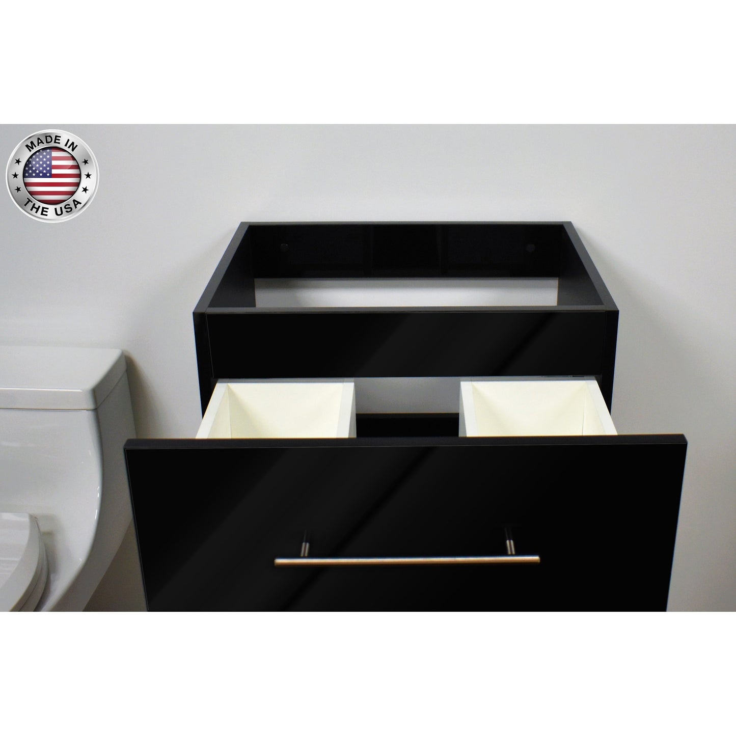 Volpa USA Napa 30" Glossy Black Wall-Mounted Floating Modern Bathroom Vanity With Satin Nickel Round Handles