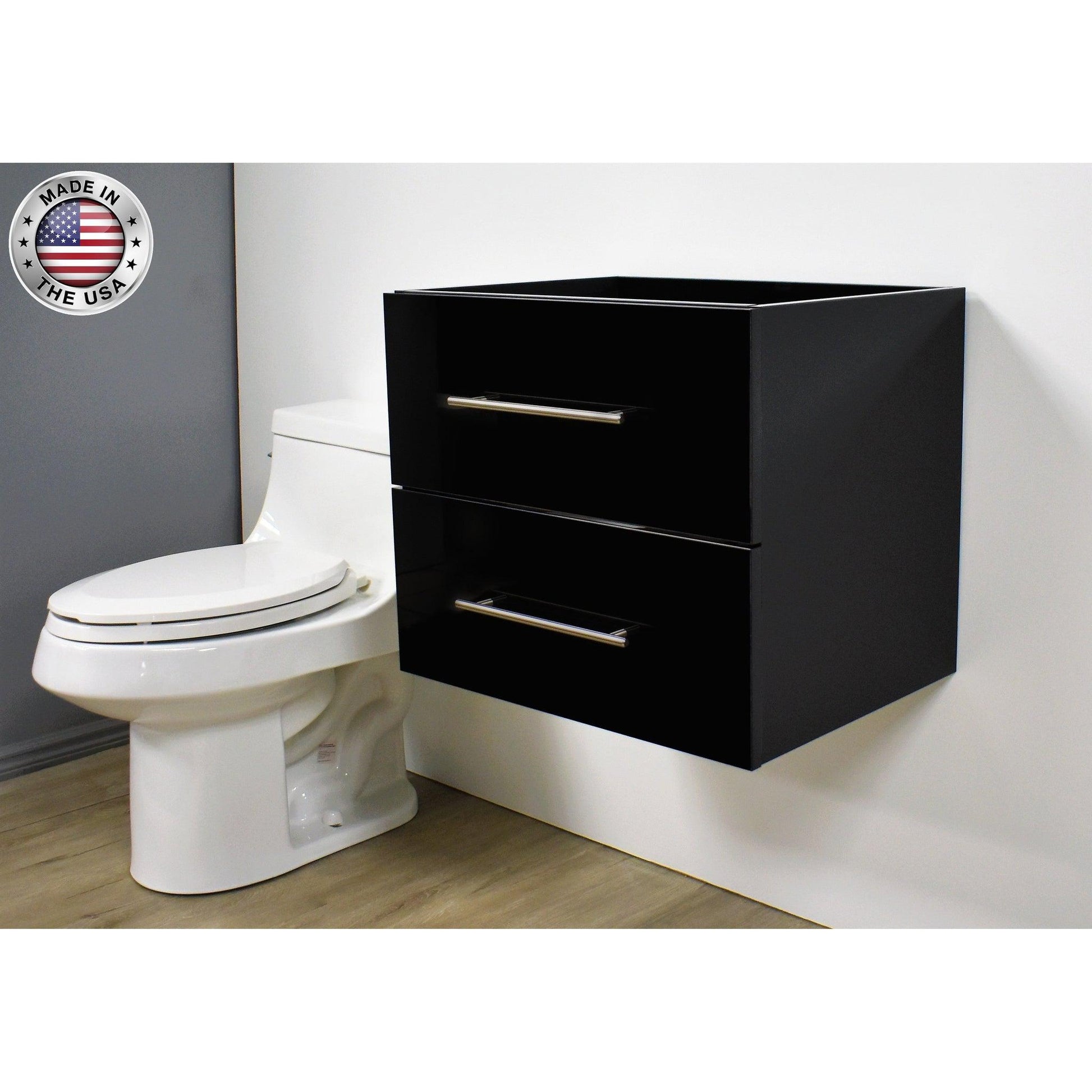 Volpa USA Napa 30" Glossy Black Wall-Mounted Floating Modern Bathroom Vanity With Satin Nickel Round Handles