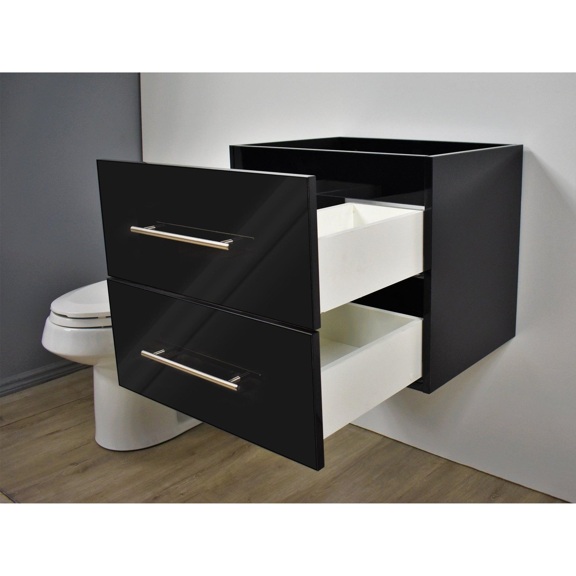 Volpa USA Napa 30" Glossy Black Wall-Mounted Floating Modern Bathroom Vanity With Satin Nickel Round Handles