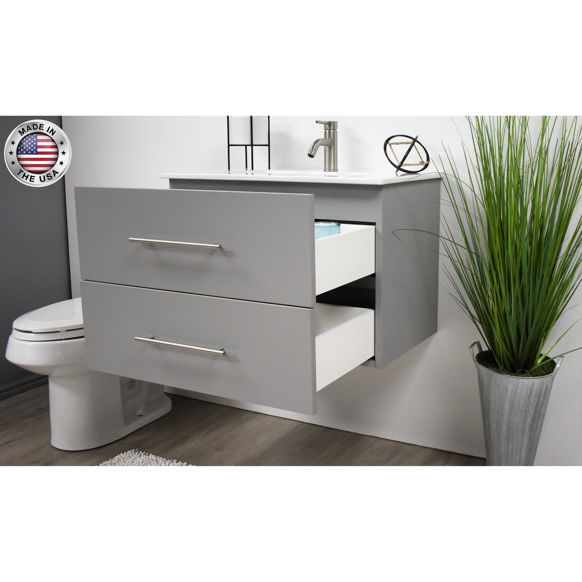 Volpa USA Napa 30" Grey Wall-Mounted Floating Modern Bathroom Vanity With Integrated Ceramic Top and Satin Nickel Round Handles