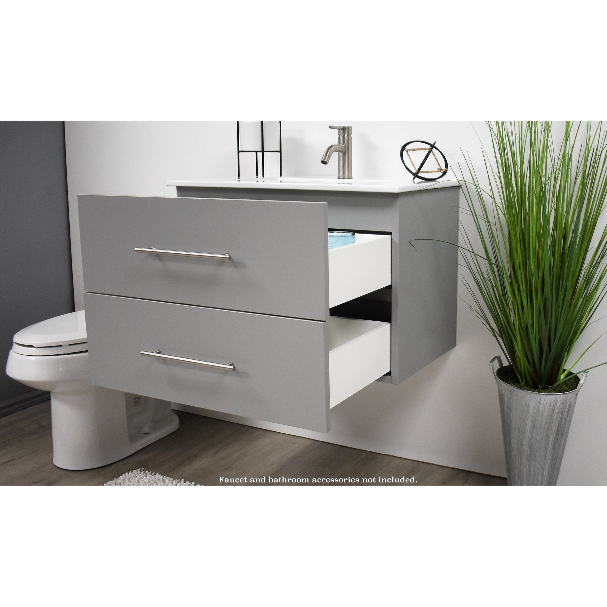 Volpa USA Napa 30" Grey Wall-Mounted Floating Modern Bathroom Vanity With Integrated Ceramic Top and Satin Nickel Round Handles