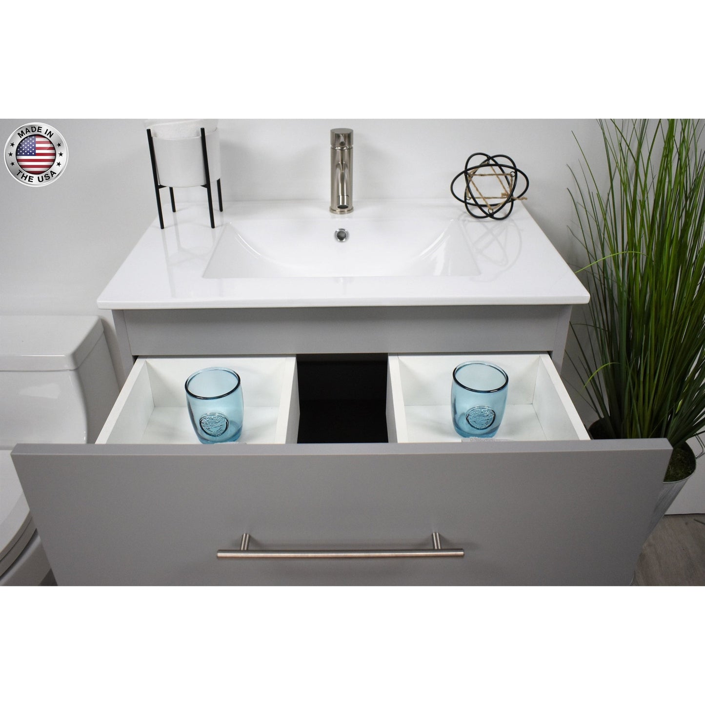 Volpa USA Napa 30" Grey Wall-Mounted Floating Modern Bathroom Vanity With Integrated Ceramic Top and Satin Nickel Round Handles