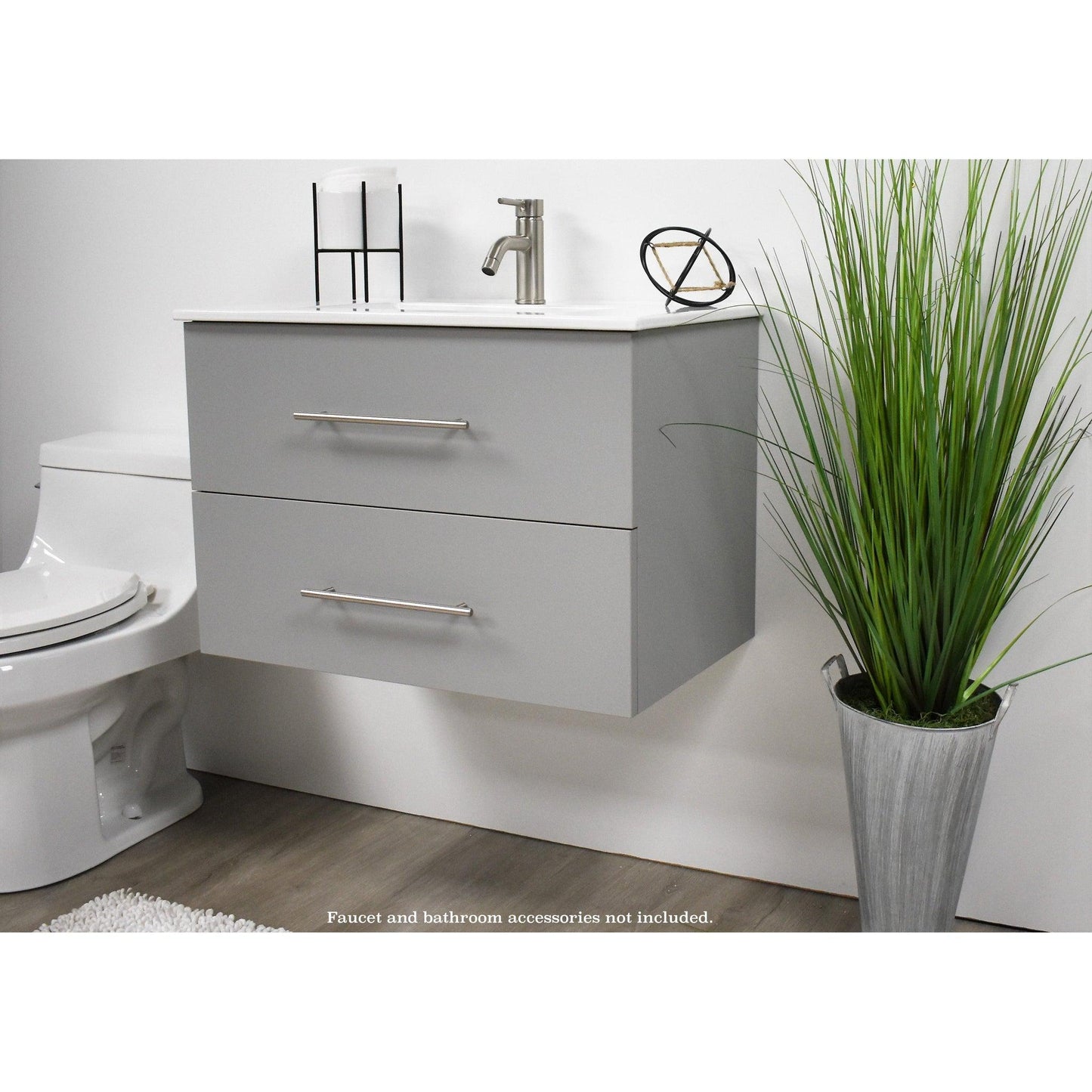 Volpa USA Napa 30" Grey Wall-Mounted Floating Modern Bathroom Vanity With Integrated Ceramic Top and Satin Nickel Round Handles