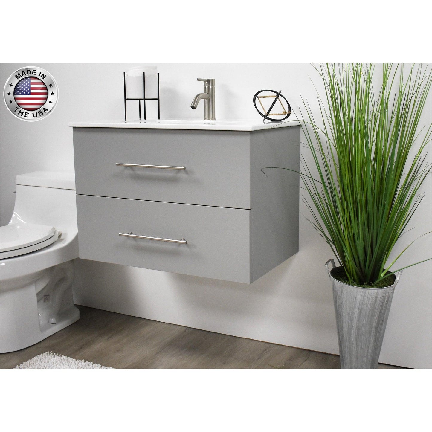 Volpa USA Napa 30" Grey Wall-Mounted Floating Modern Bathroom Vanity With Integrated Ceramic Top and Satin Nickel Round Handles