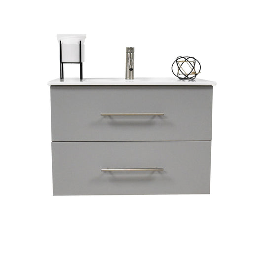 Volpa USA Napa 30" Grey Wall-Mounted Floating Modern Bathroom Vanity With Integrated Ceramic Top and Satin Nickel Round Handles