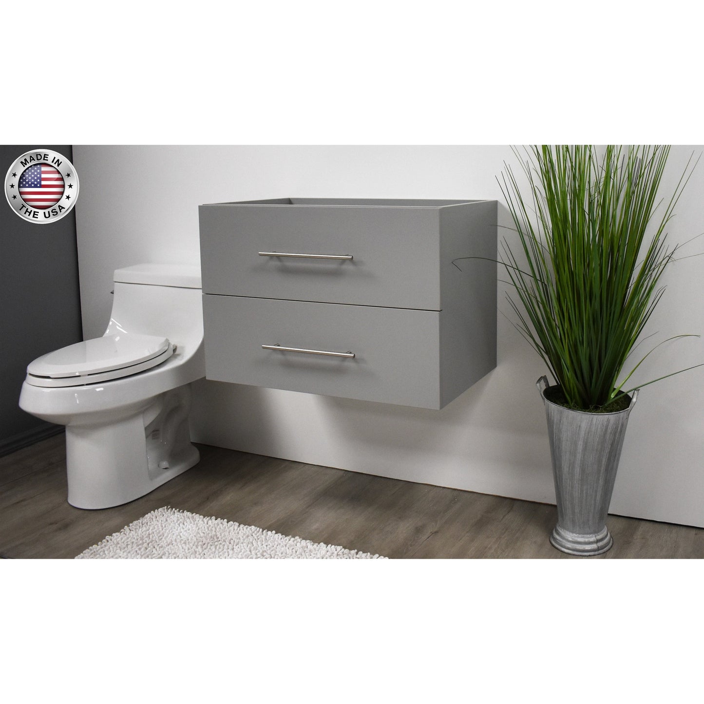 Volpa USA Napa 30" Grey Wall-Mounted Floating Modern Bathroom Vanity With Satin Nickel Round Handles