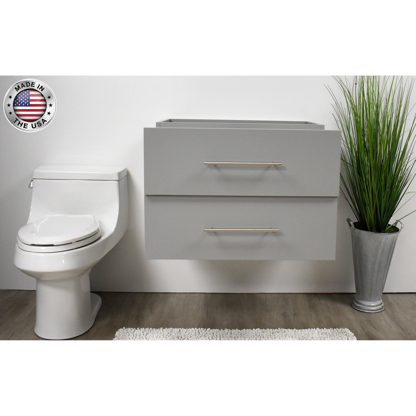 Volpa USA Napa 30" Grey Wall-Mounted Floating Modern Bathroom Vanity With Satin Nickel Round Handles