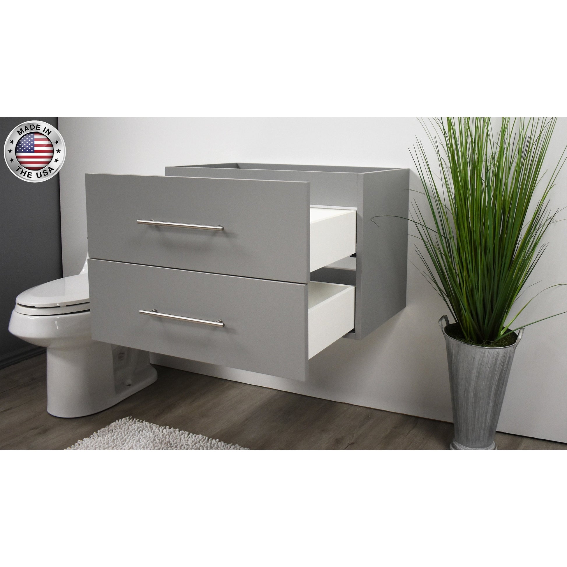 Volpa USA Napa 30" Grey Wall-Mounted Floating Modern Bathroom Vanity With Satin Nickel Round Handles