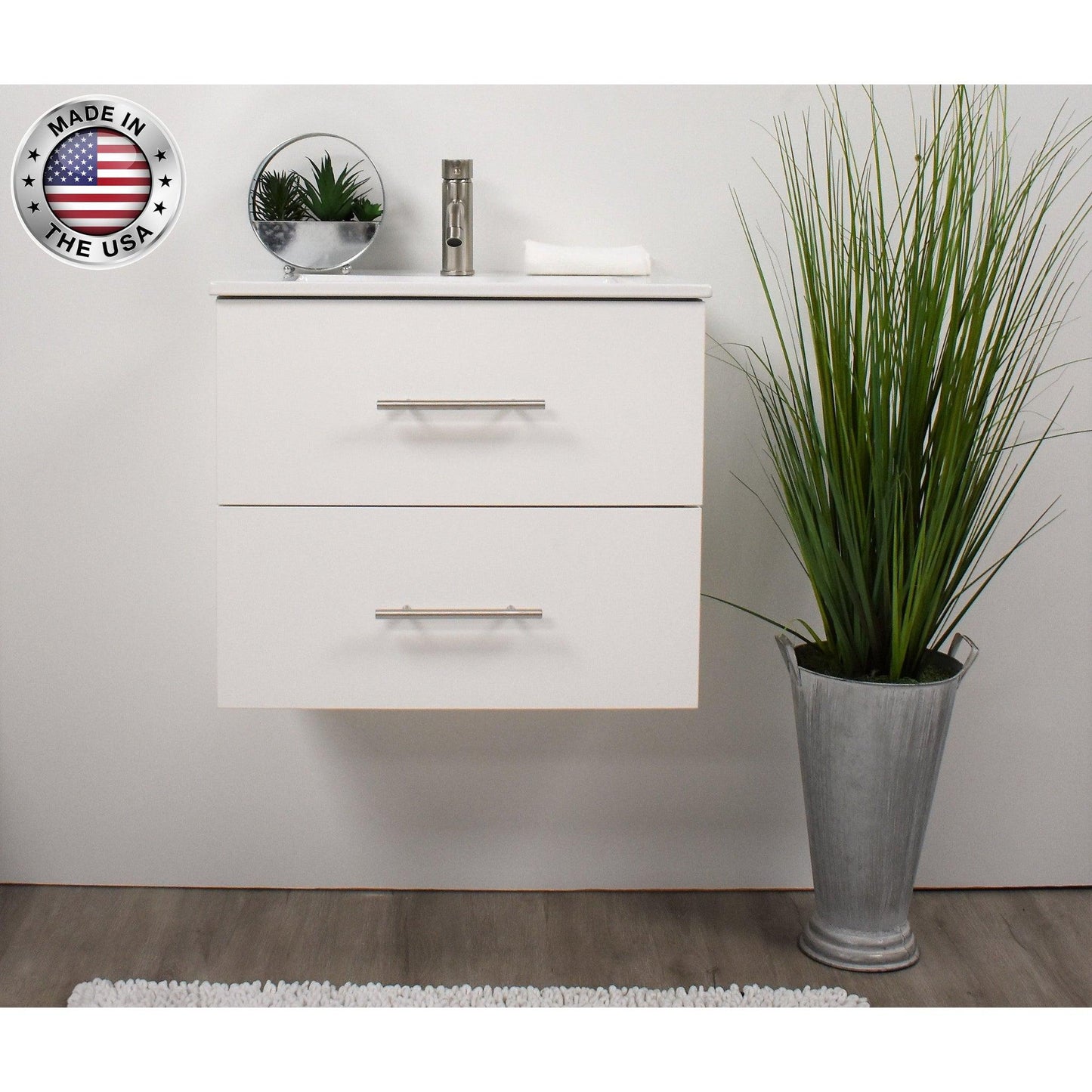 Volpa USA Napa 30" White Wall-Mounted Floating Modern Bathroom Vanity With Integrated Ceramic Top and Satin Nickel Round Handles