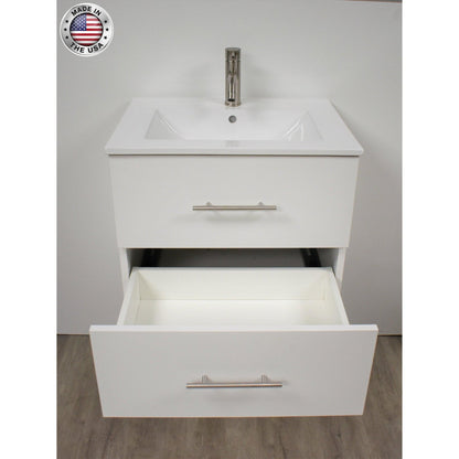 Volpa USA Napa 30" White Wall-Mounted Floating Modern Bathroom Vanity With Integrated Ceramic Top and Satin Nickel Round Handles