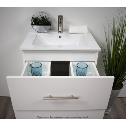 Volpa USA Napa 30" White Wall-Mounted Floating Modern Bathroom Vanity With Integrated Ceramic Top and Satin Nickel Round Handles