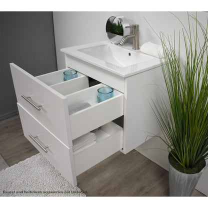 Volpa USA Napa 30" White Wall-Mounted Floating Modern Bathroom Vanity With Integrated Ceramic Top and Satin Nickel Round Handles