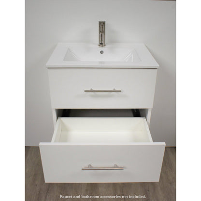 Volpa USA Napa 30" White Wall-Mounted Floating Modern Bathroom Vanity With Integrated Ceramic Top and Satin Nickel Round Handles