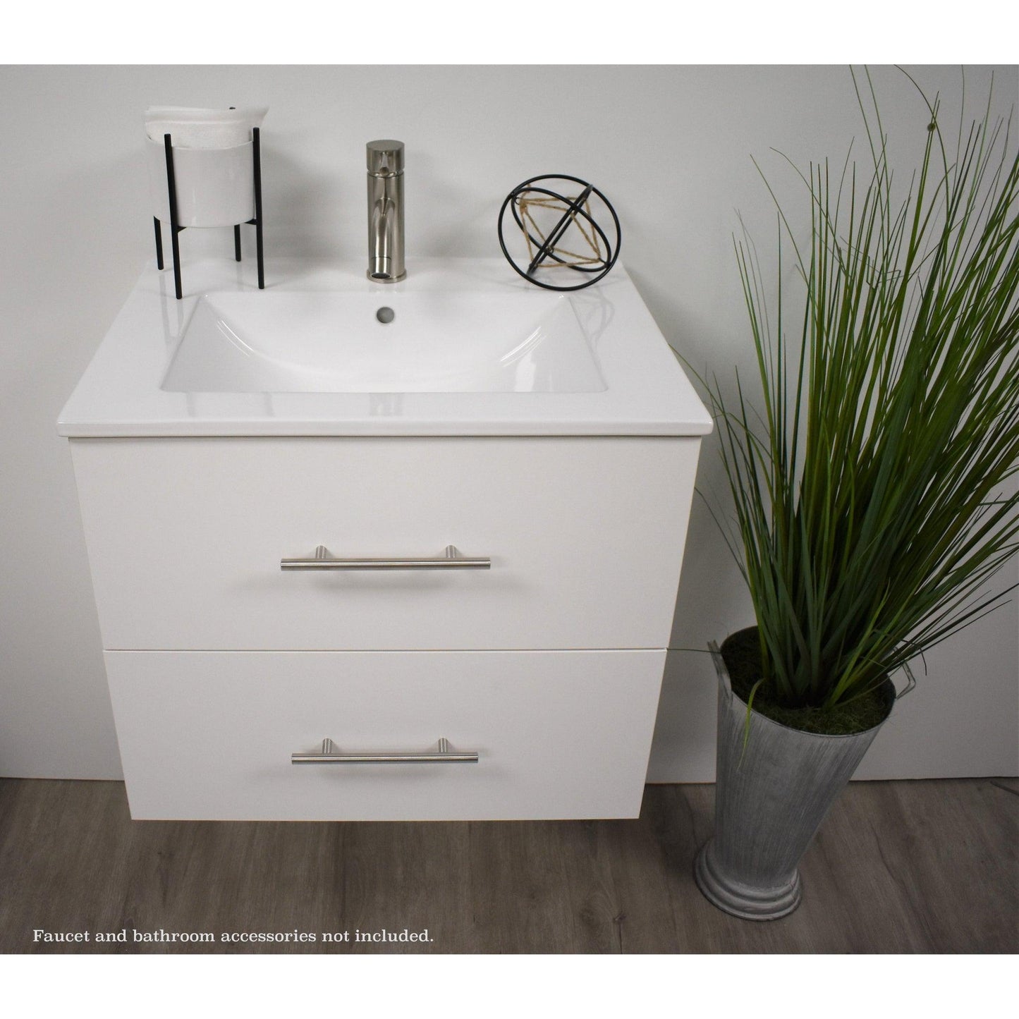 Volpa USA Napa 30" White Wall-Mounted Floating Modern Bathroom Vanity With Integrated Ceramic Top and Satin Nickel Round Handles