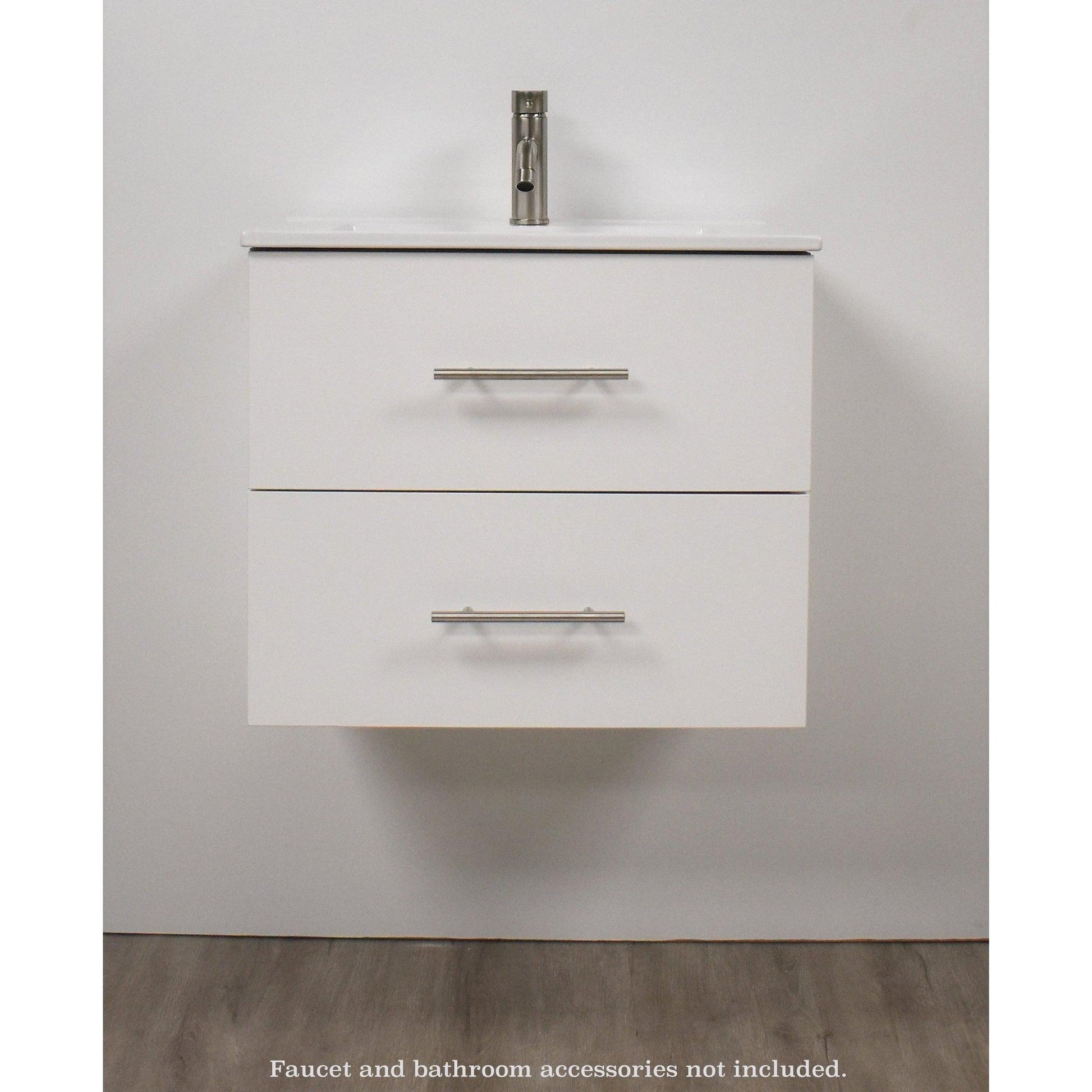 Volpa USA Napa 30" White Wall-Mounted Floating Modern Bathroom Vanity With Integrated Ceramic Top and Satin Nickel Round Handles