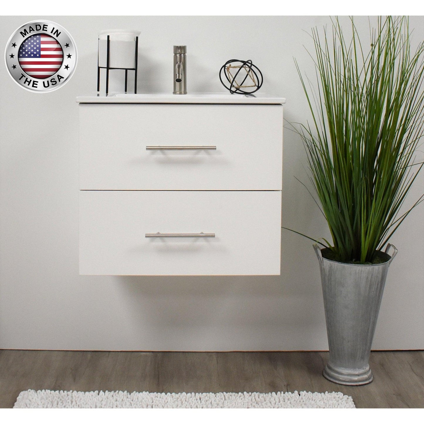 Volpa USA Napa 30" White Wall-Mounted Floating Modern Bathroom Vanity With Integrated Ceramic Top and Satin Nickel Round Handles