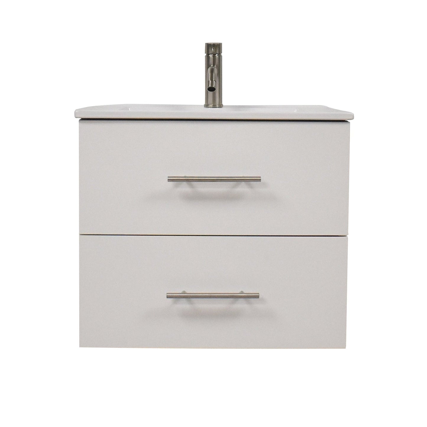 Volpa USA Napa 30" White Wall-Mounted Floating Modern Bathroom Vanity With Integrated Ceramic Top and Satin Nickel Round Handles