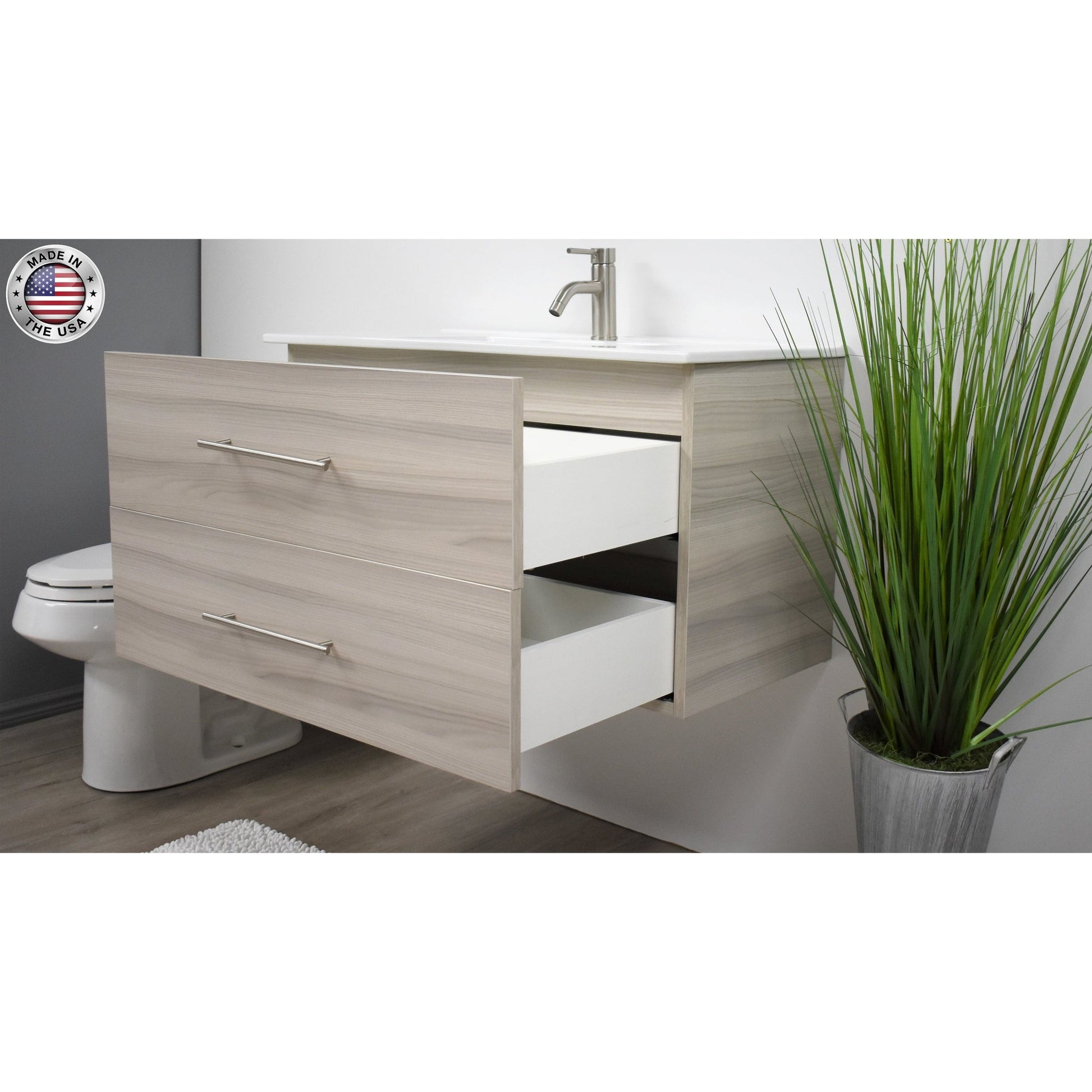 Volpa USA Napa 36" Ash Grey Wall-Mounted Floating Modern Bathroom Vanity With Integrated Ceramic Top and Satin Nickel Round Handles