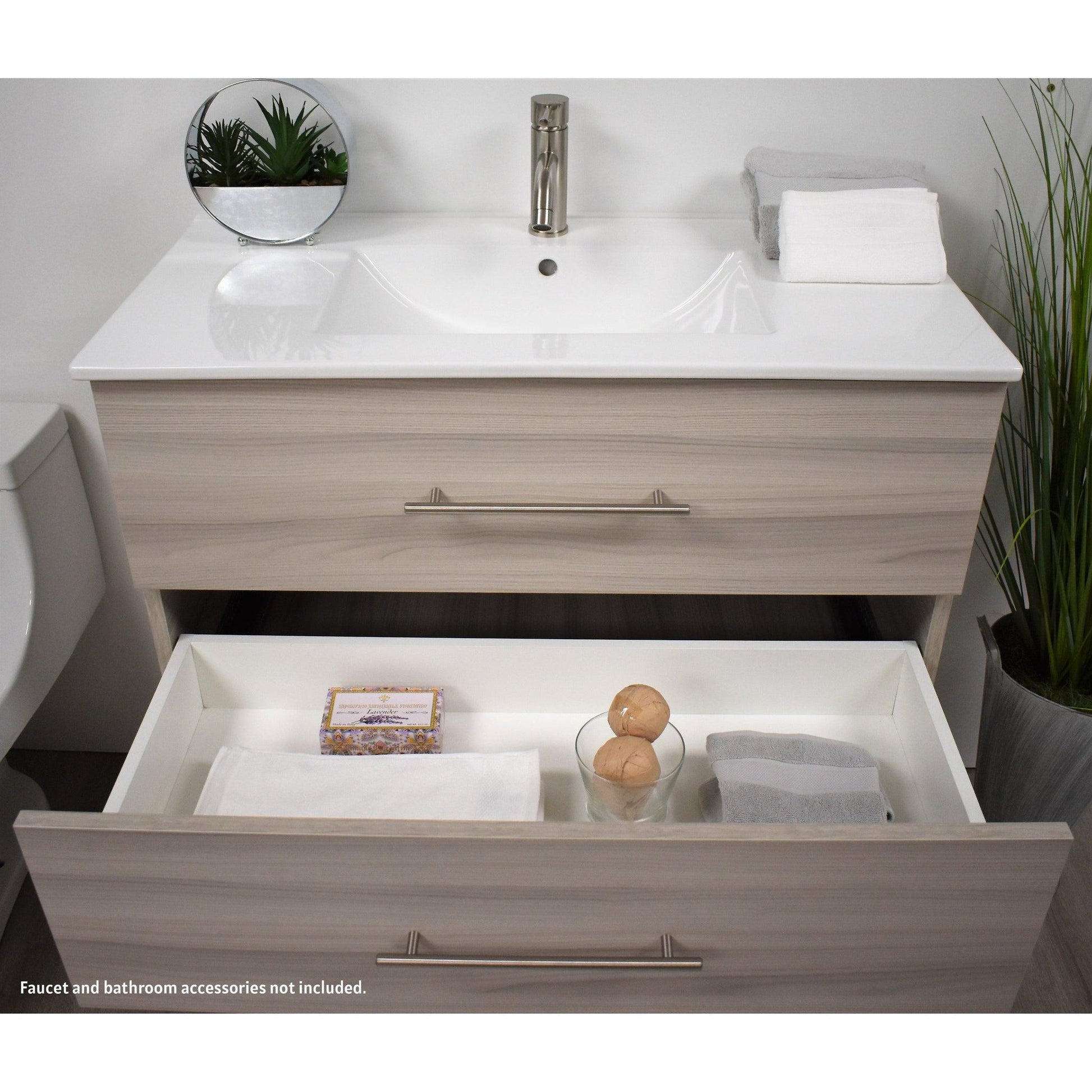 Volpa USA Napa 36" Ash Grey Wall-Mounted Floating Modern Bathroom Vanity With Integrated Ceramic Top and Satin Nickel Round Handles