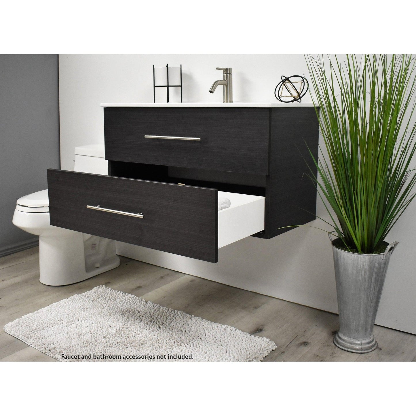 Volpa USA Napa 36" Black Ash Wall-Mounted Floating Modern Bathroom Vanity With Integrated Ceramic Top and Satin Nickel Round Handles