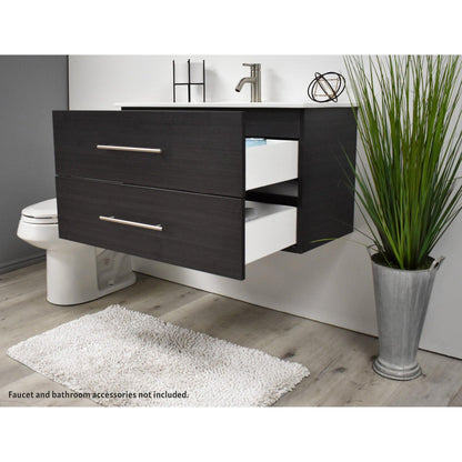 Volpa USA Napa 36" Black Ash Wall-Mounted Floating Modern Bathroom Vanity With Integrated Ceramic Top and Satin Nickel Round Handles