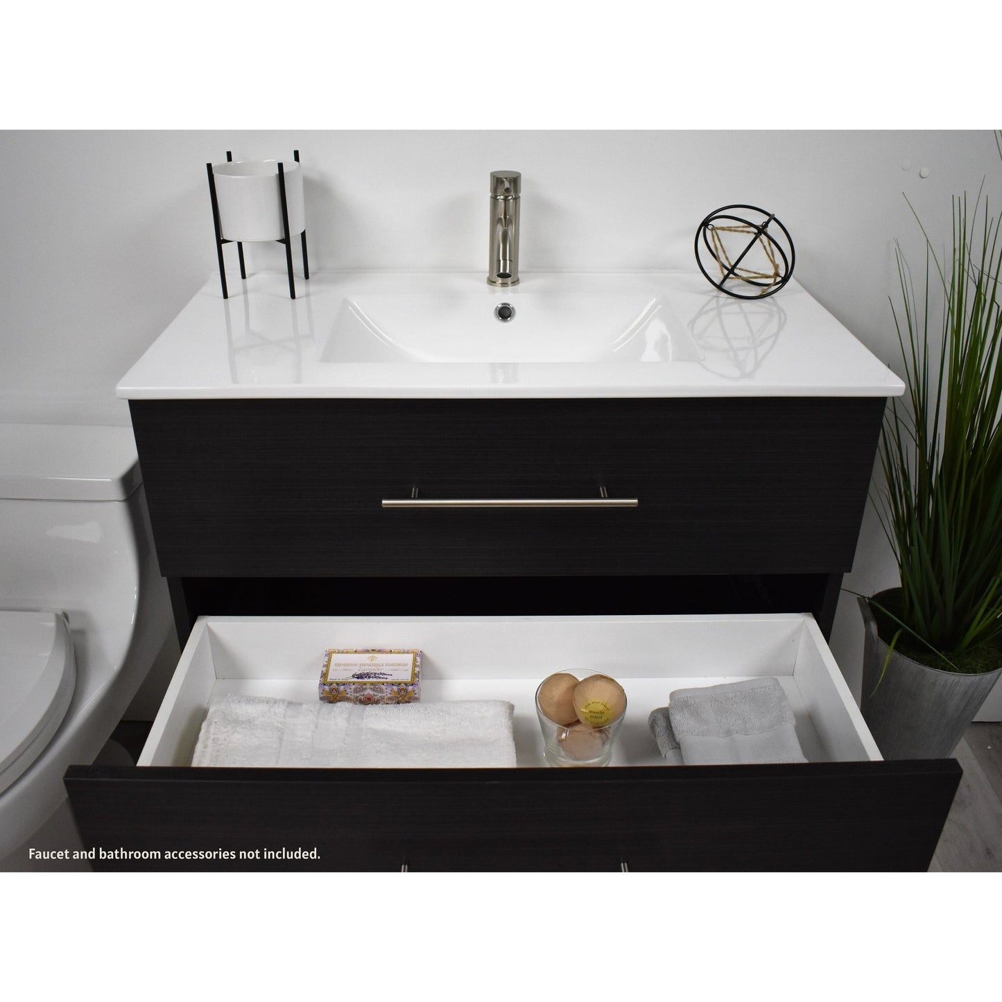 Volpa USA Napa 36" Black Ash Wall-Mounted Floating Modern Bathroom Vanity With Integrated Ceramic Top and Satin Nickel Round Handles