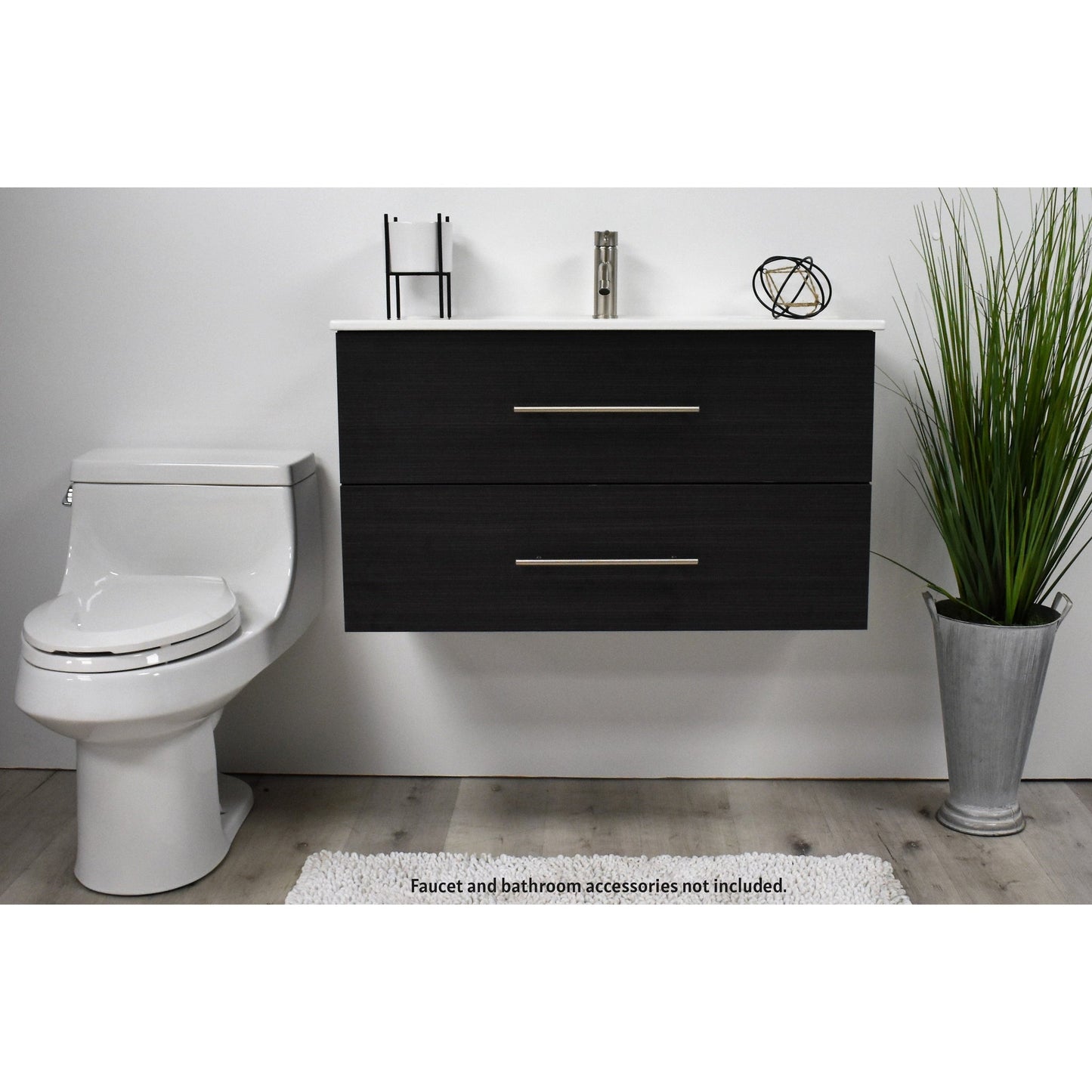 Volpa USA Napa 36" Black Ash Wall-Mounted Floating Modern Bathroom Vanity With Integrated Ceramic Top and Satin Nickel Round Handles