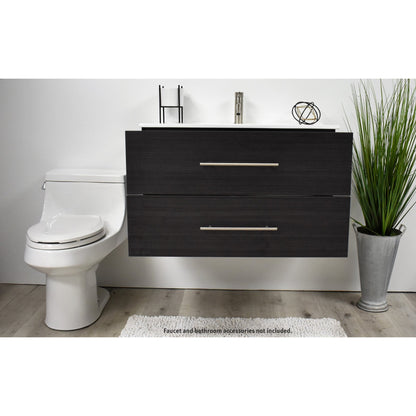 Volpa USA Napa 36" Black Ash Wall-Mounted Floating Modern Bathroom Vanity With Integrated Ceramic Top and Satin Nickel Round Handles