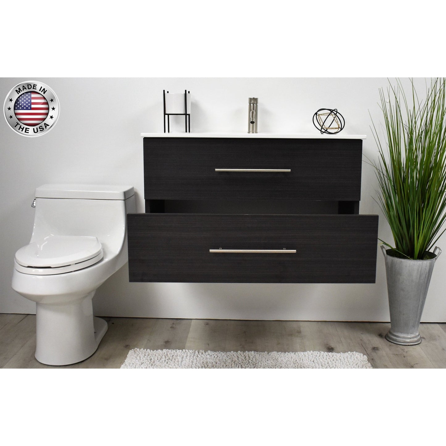 Volpa USA Napa 36" Black Ash Wall-Mounted Floating Modern Bathroom Vanity With Integrated Ceramic Top and Satin Nickel Round Handles