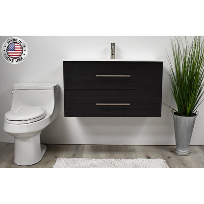 Volpa USA Napa 36" Black Ash Wall-Mounted Floating Modern Bathroom Vanity With Integrated Ceramic Top and Satin Nickel Round Handles