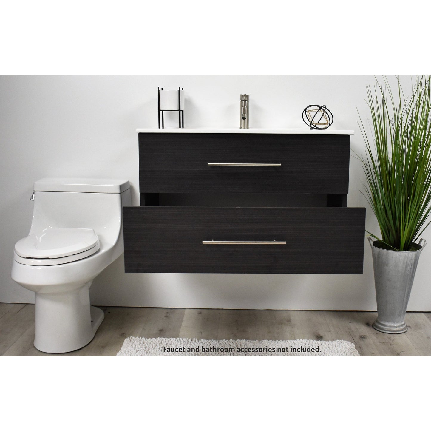 Volpa USA Napa 36" Black Ash Wall-Mounted Floating Modern Bathroom Vanity With Integrated Ceramic Top and Satin Nickel Round Handles