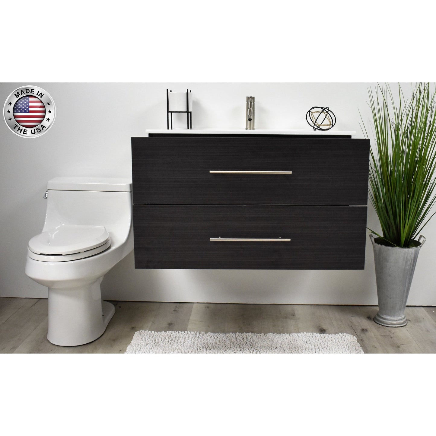 Volpa USA Napa 36" Black Ash Wall-Mounted Floating Modern Bathroom Vanity With Integrated Ceramic Top and Satin Nickel Round Handles