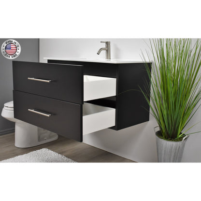 Volpa USA Napa 36" Black Wall-Mounted Floating Modern Bathroom Vanity With Integrated Ceramic Top and Satin Nickel Round Handles