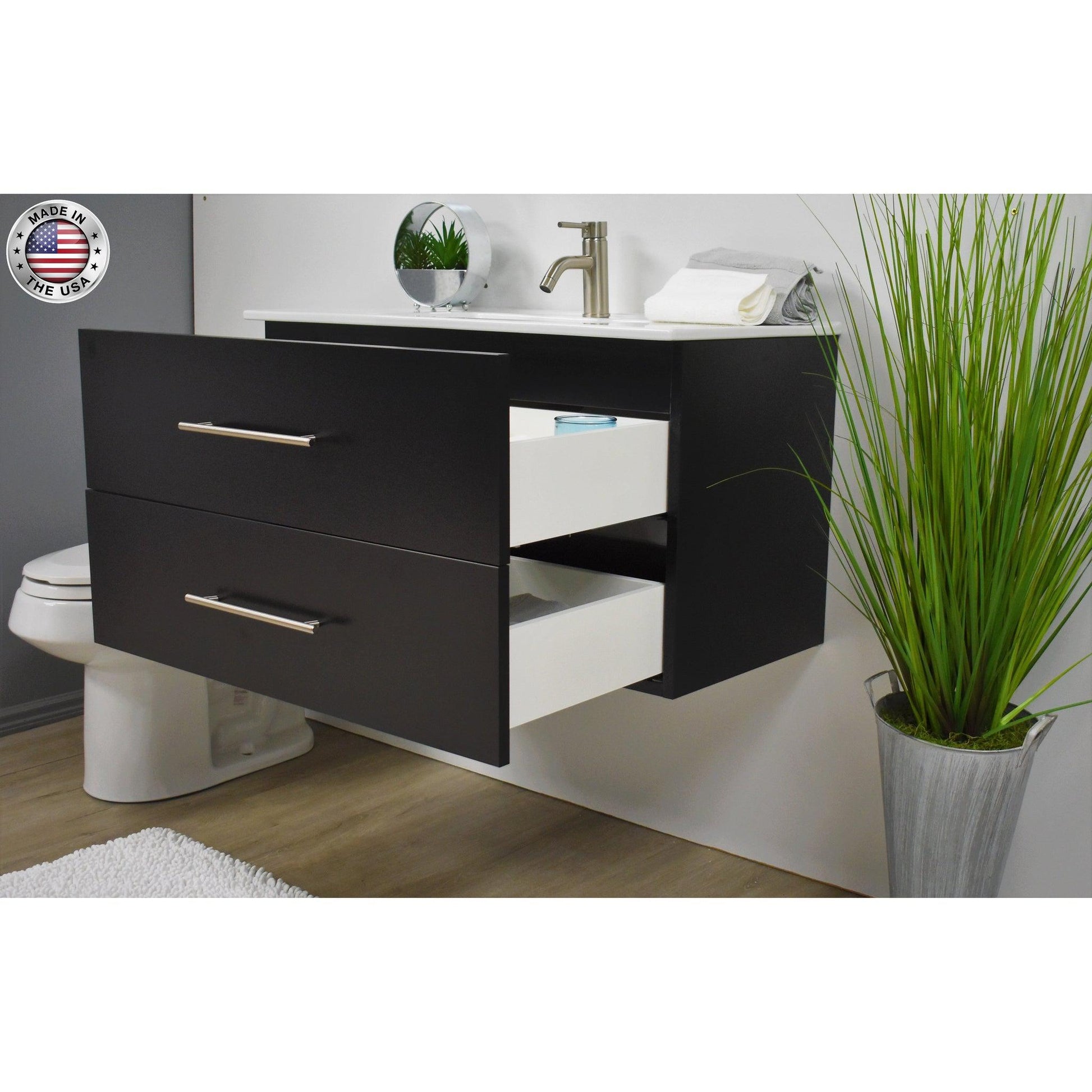 Volpa USA Napa 36" Black Wall-Mounted Floating Modern Bathroom Vanity With Integrated Ceramic Top and Satin Nickel Round Handles