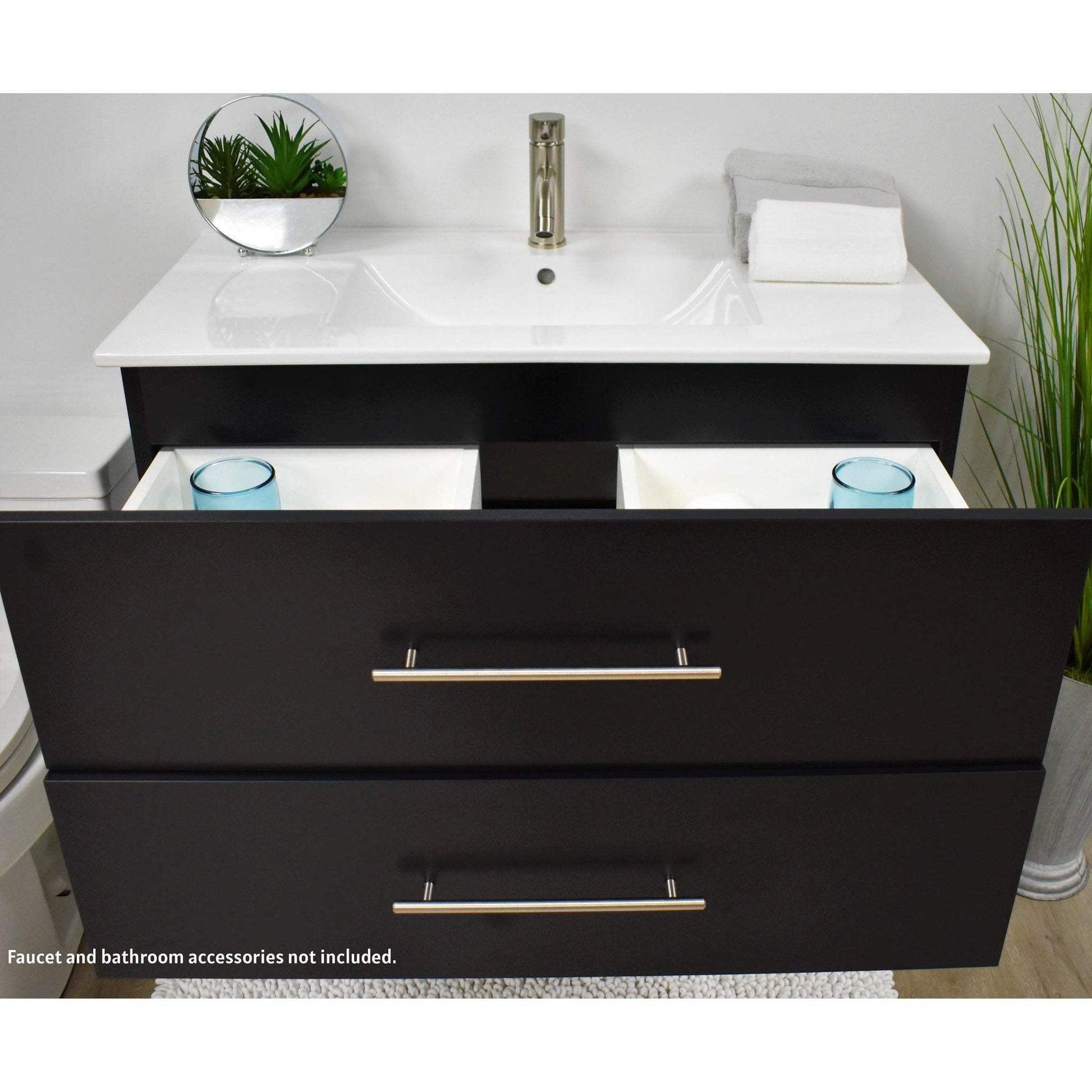 Volpa USA Napa 36" Black Wall-Mounted Floating Modern Bathroom Vanity With Integrated Ceramic Top and Satin Nickel Round Handles