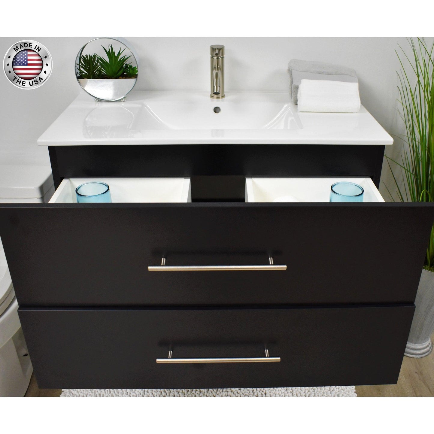 Volpa USA Napa 36" Black Wall-Mounted Floating Modern Bathroom Vanity With Integrated Ceramic Top and Satin Nickel Round Handles