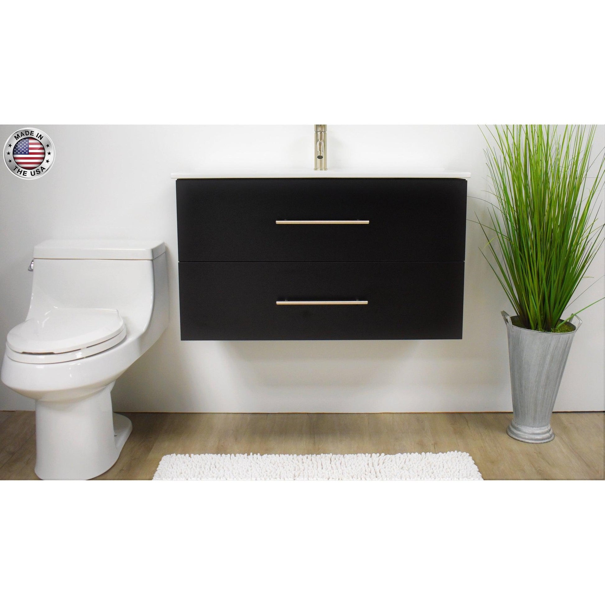 Volpa USA Napa 36" Black Wall-Mounted Floating Modern Bathroom Vanity With Integrated Ceramic Top and Satin Nickel Round Handles